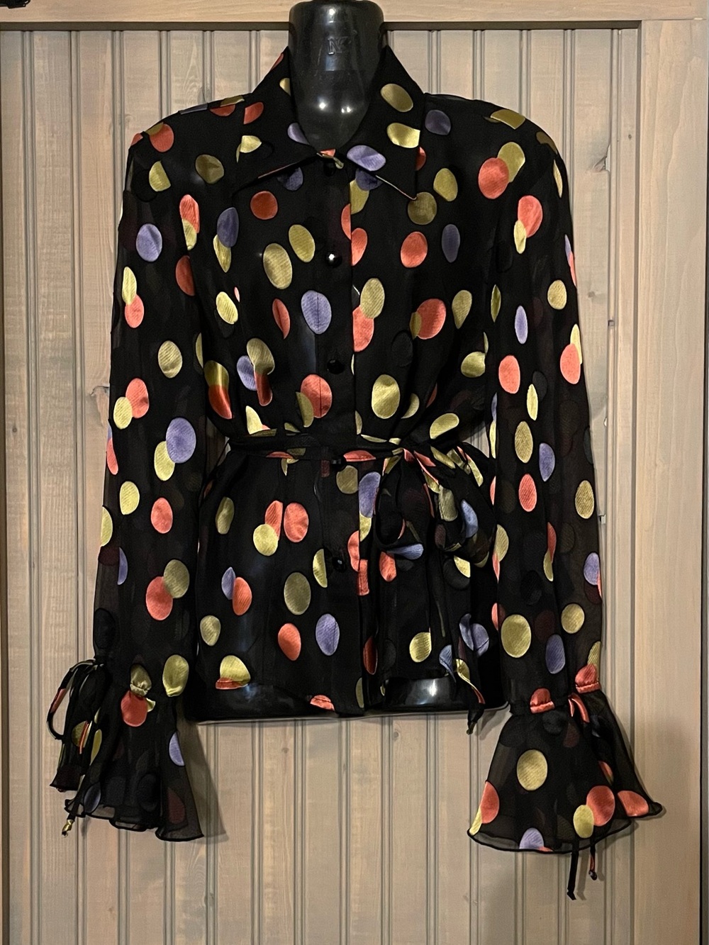 Joseph Ribkoff Black Satin Polka Dot Blouse in Yellow, Coral & Lavender